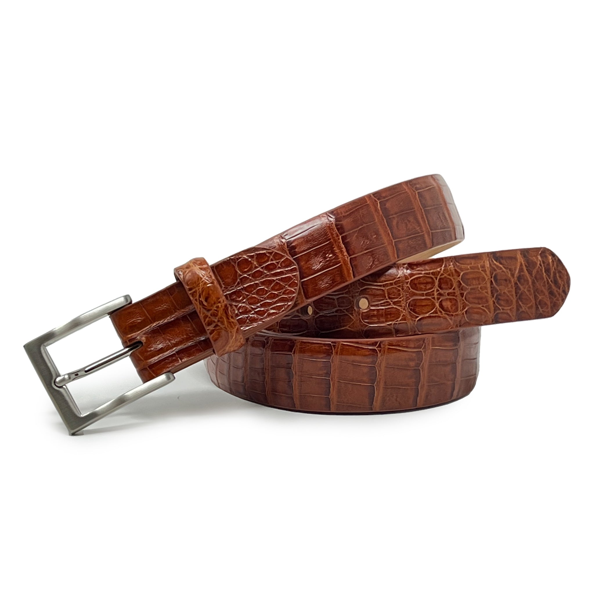 W. KLEINBERG Crocodile Skin Cutdown Belt in Brandy